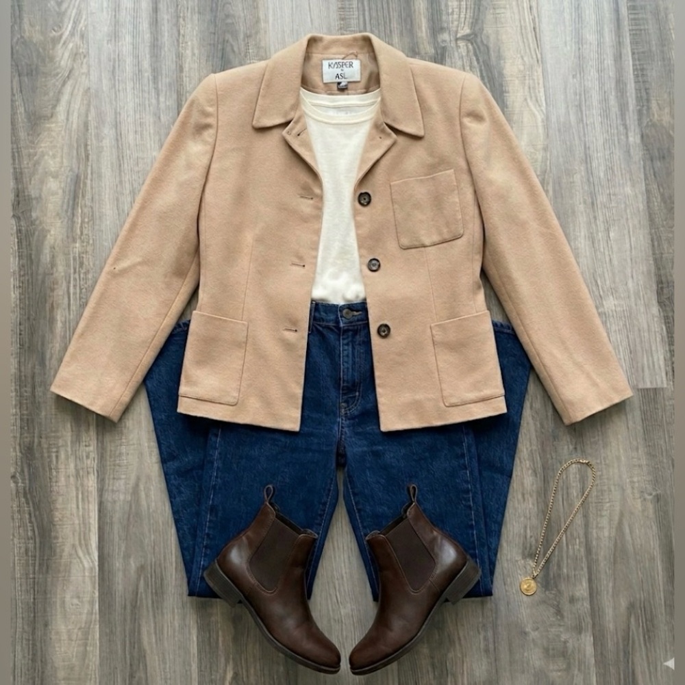 VTG Kasper for ASL 100% Wool Camel Blazer Jacket - Professional Neutral Size-8